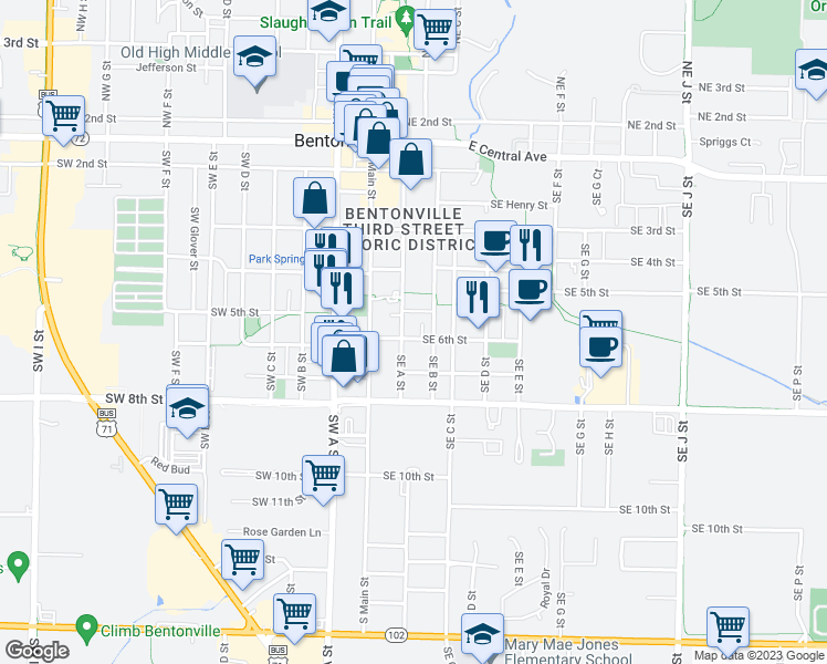 map of restaurants, bars, coffee shops, grocery stores, and more near 203 Southeast 6th Street in Bentonville