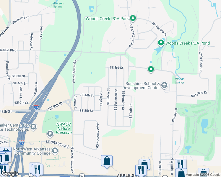 map of restaurants, bars, coffee shops, grocery stores, and more near 504 Southeast Fullerton Street in Bentonville