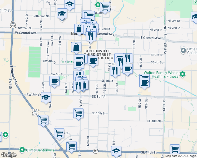 map of restaurants, bars, coffee shops, grocery stores, and more near 202 Southeast 6th Street in Bentonville