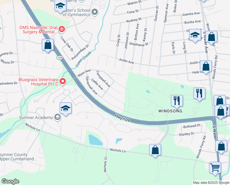 map of restaurants, bars, coffee shops, grocery stores, and more near 1075 Campbell Avenue in Gallatin