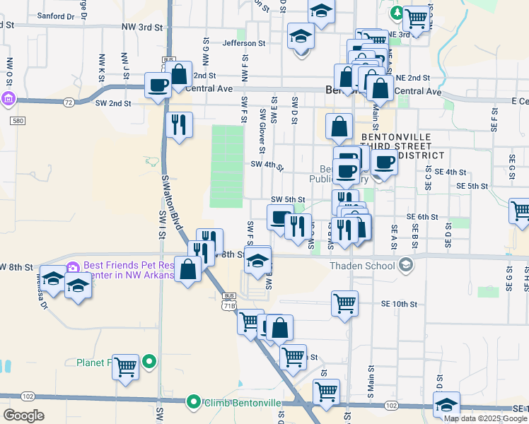map of restaurants, bars, coffee shops, grocery stores, and more near 510 Southwest E Street in Bentonville
