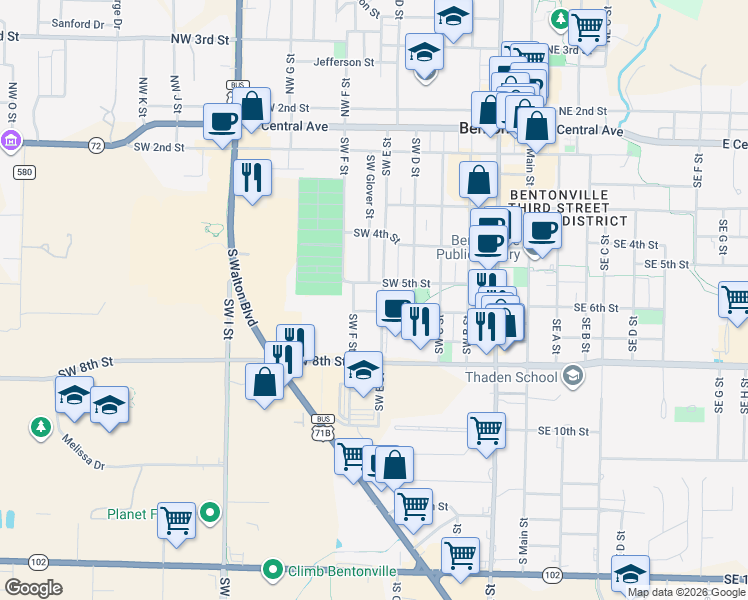 map of restaurants, bars, coffee shops, grocery stores, and more near 510 Southwest E Street in Bentonville