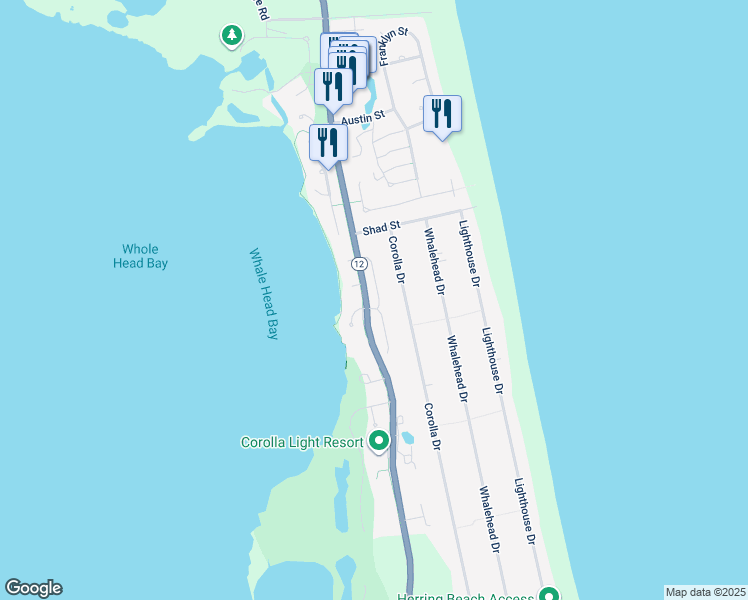 map of restaurants, bars, coffee shops, grocery stores, and more near 1080 Keepers Way in Corolla