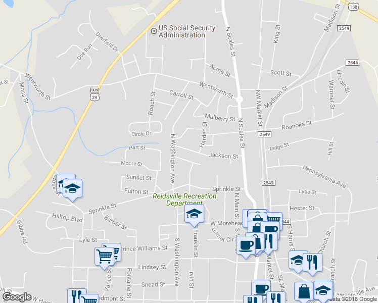 map of restaurants, bars, coffee shops, grocery stores, and more near 341 Jackson Street in Reidsville
