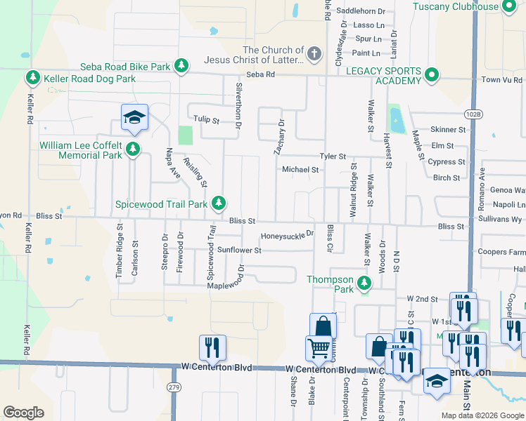map of restaurants, bars, coffee shops, grocery stores, and more near 650 Appleridge Drive in Centerton
