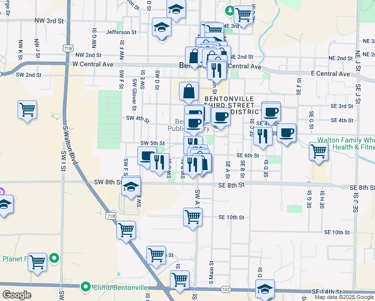 map of restaurants, bars, coffee shops, grocery stores, and more near 510 Southwest A Street in Bentonville