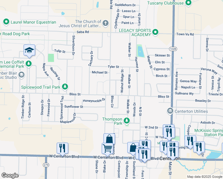 map of restaurants, bars, coffee shops, grocery stores, and more near 651 Frances Drive in Centerton