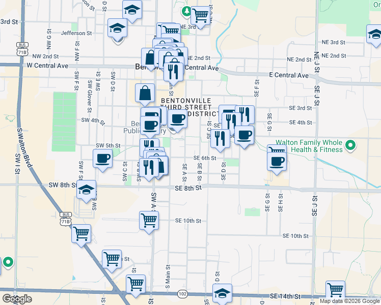 map of restaurants, bars, coffee shops, grocery stores, and more near 202 Southeast 6th Street in Bentonville