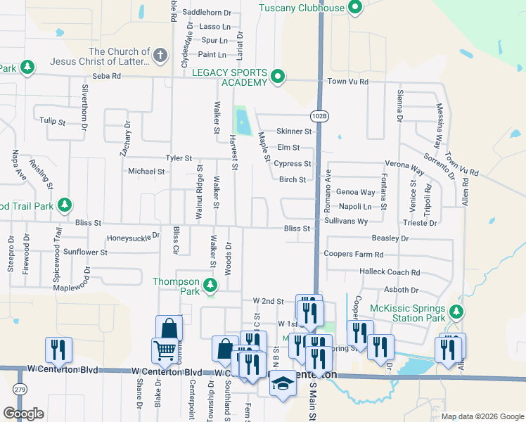 map of restaurants, bars, coffee shops, grocery stores, and more near 360 Bliss Street in Centerton