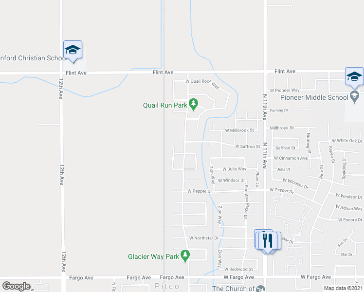 map of restaurants, bars, coffee shops, grocery stores, and more near 3130 North Glacier Way in Hanford