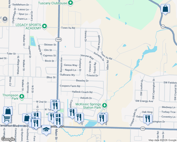 map of restaurants, bars, coffee shops, grocery stores, and more near 720 Sienna Drive in Centerton