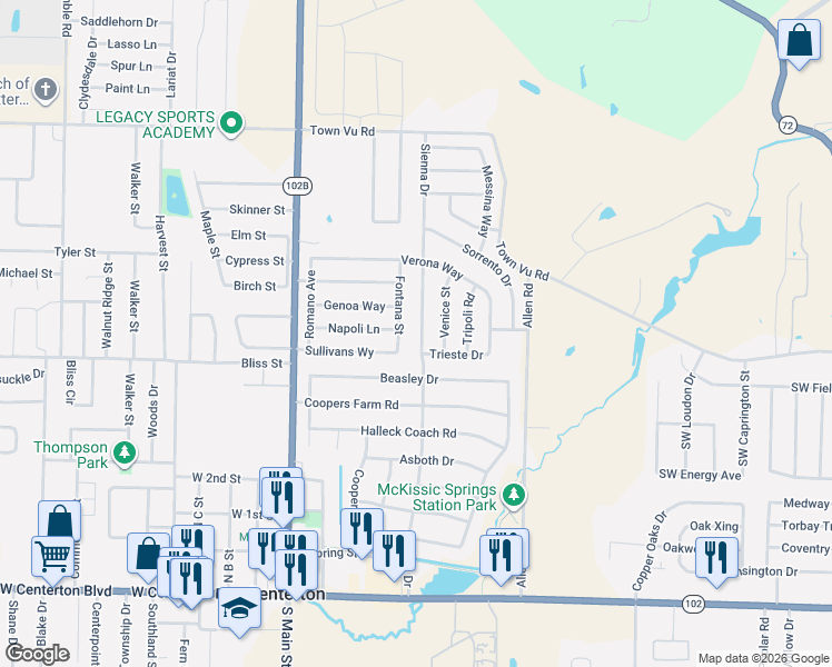 map of restaurants, bars, coffee shops, grocery stores, and more near 720 Sienna Drive in Centerton