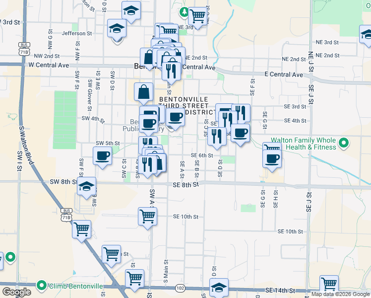 map of restaurants, bars, coffee shops, grocery stores, and more near 202 Southeast 6th Street in Bentonville