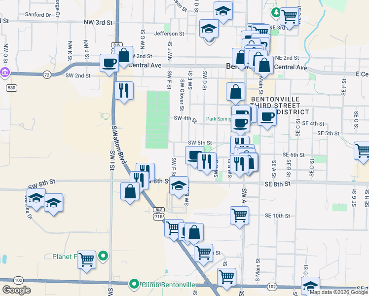 map of restaurants, bars, coffee shops, grocery stores, and more near 510 Southwest E Street in Bentonville