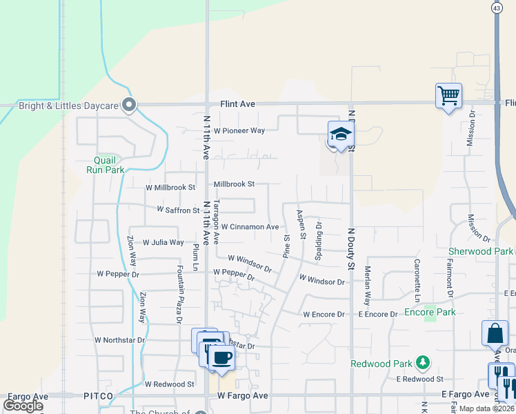 map of restaurants, bars, coffee shops, grocery stores, and more near 484 West Cinnamon Avenue in Hanford