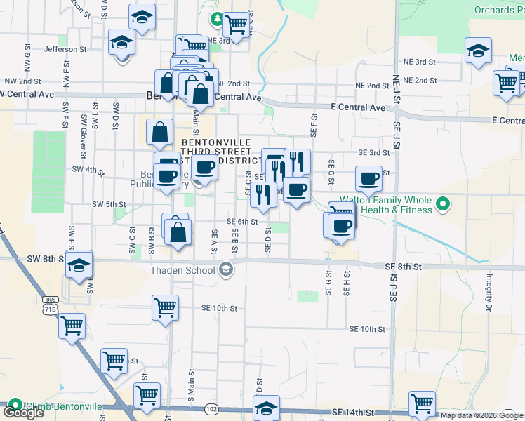 map of restaurants, bars, coffee shops, grocery stores, and more near 410 Southeast 6th Street in Bentonville