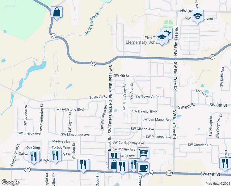 map of restaurants, bars, coffee shops, grocery stores, and more near 601 Southwest Tater Black Road in Bentonville