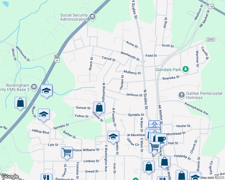 map of restaurants, bars, coffee shops, grocery stores, and more near 344 Jackson Street in Reidsville