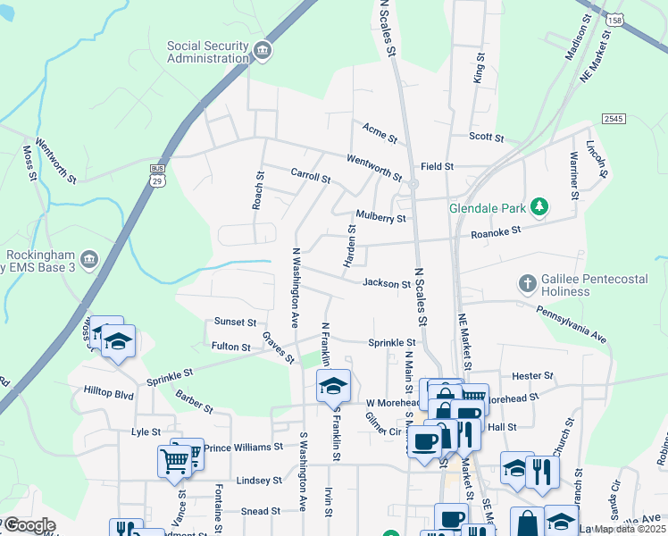 map of restaurants, bars, coffee shops, grocery stores, and more near 520 Harden Street in Reidsville