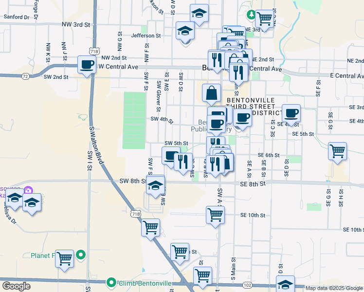 map of restaurants, bars, coffee shops, grocery stores, and more near 503 Southwest D Street in Bentonville