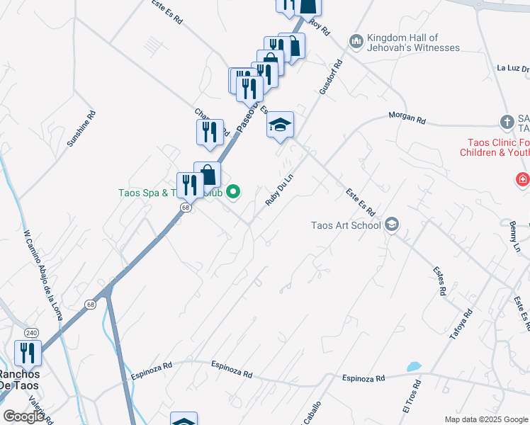 map of restaurants, bars, coffee shops, grocery stores, and more near Ruby Du Lane in Taos