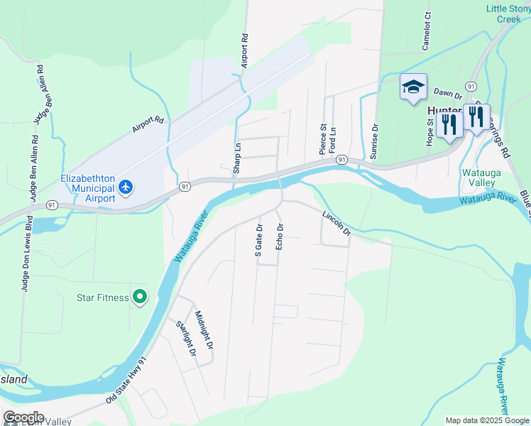 map of restaurants, bars, coffee shops, grocery stores, and more near 1625 Broad Street in Elizabethton