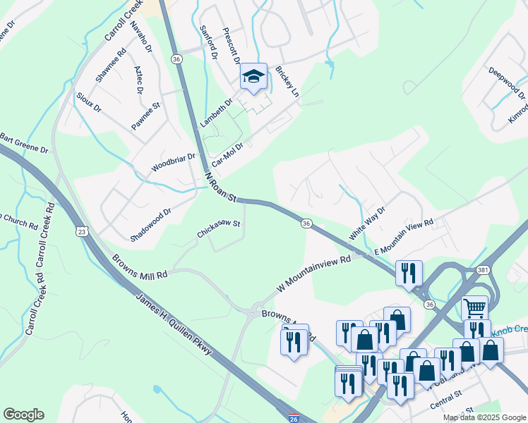 map of restaurants, bars, coffee shops, grocery stores, and more near 3708 North Roan Street in Johnson City