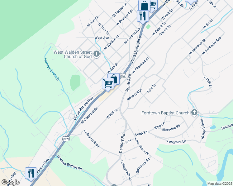 map of restaurants, bars, coffee shops, grocery stores, and more near 1208 Jacksboro Pike in LaFollette