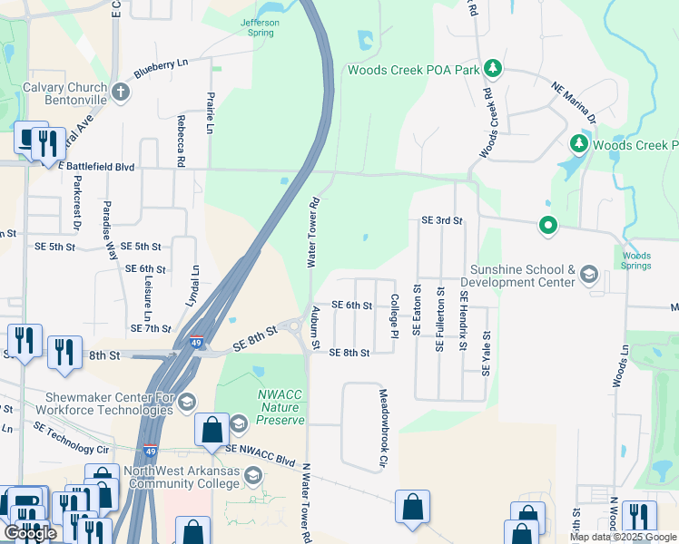 map of restaurants, bars, coffee shops, grocery stores, and more near 3603 5th Street in Bentonville