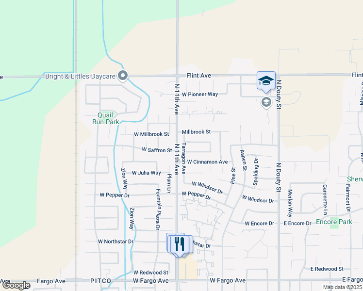 map of restaurants, bars, coffee shops, grocery stores, and more near 3146 Tarragon Avenue in Hanford