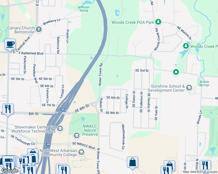 map of restaurants, bars, coffee shops, grocery stores, and more near 3603 5th Street in Bentonville