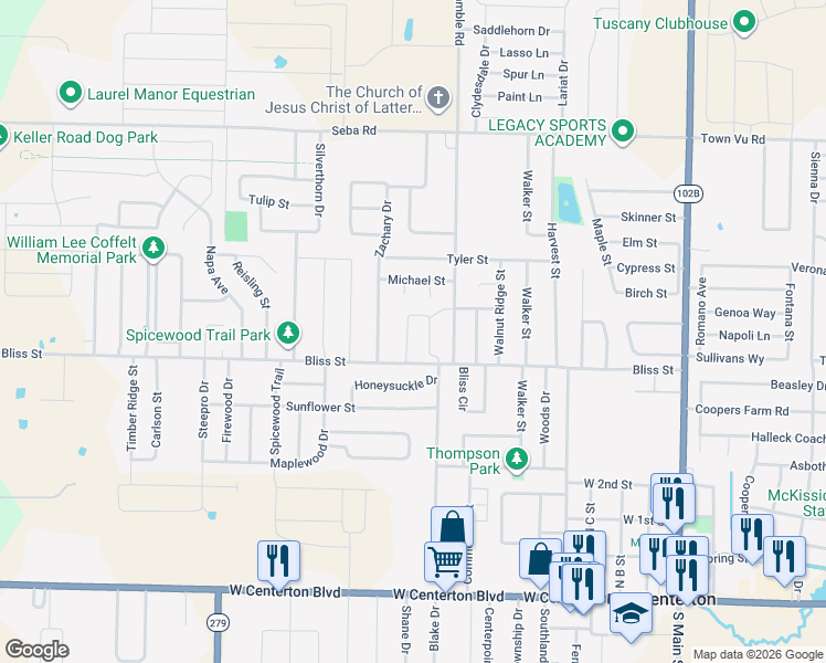 map of restaurants, bars, coffee shops, grocery stores, and more near 668 Sara Place in Centerton
