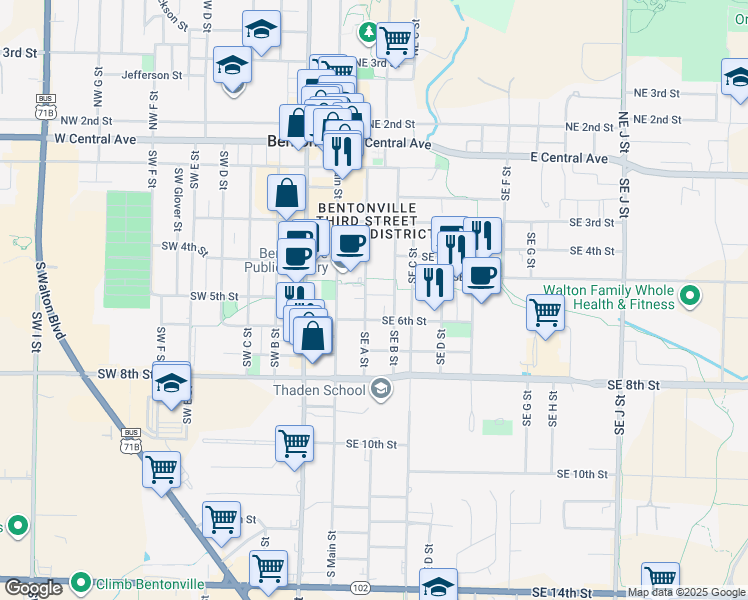 map of restaurants, bars, coffee shops, grocery stores, and more near 505 Southeast A Street in Bentonville