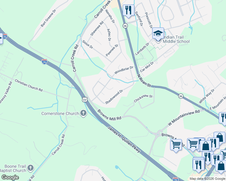 map of restaurants, bars, coffee shops, grocery stores, and more near 205 Woodbriar Drive in Johnson City