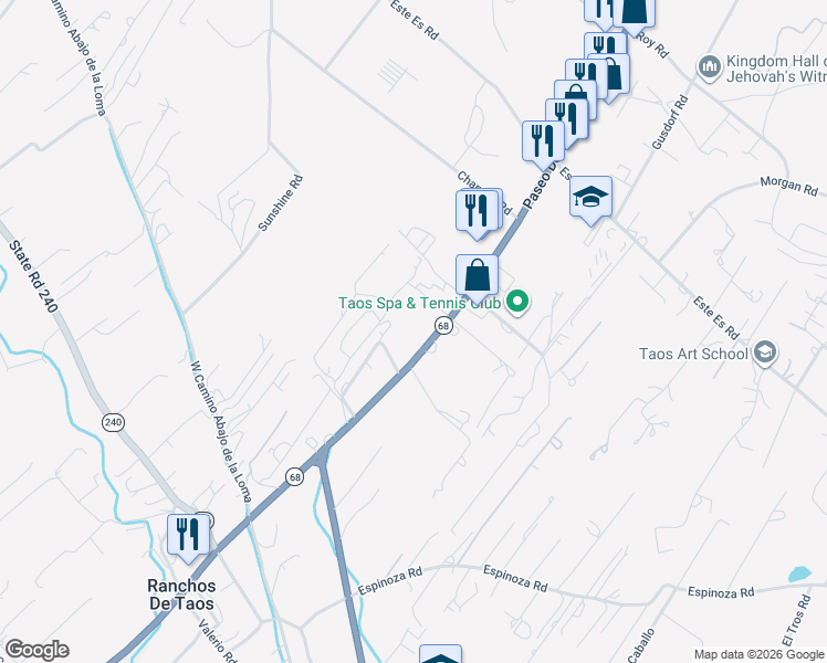 map of restaurants, bars, coffee shops, grocery stores, and more near 1541 Paseo Del Pueblo Sur in Taos