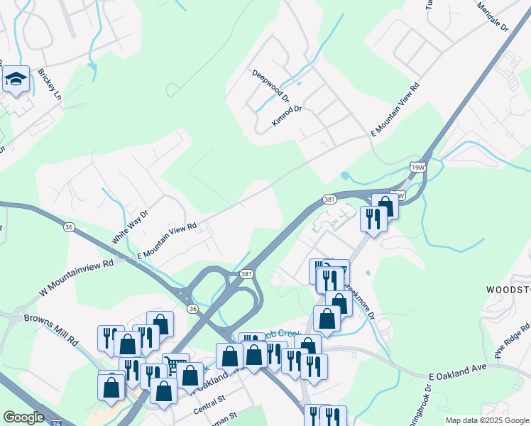 map of restaurants, bars, coffee shops, grocery stores, and more near 512 East Mountainview Road in Johnson City