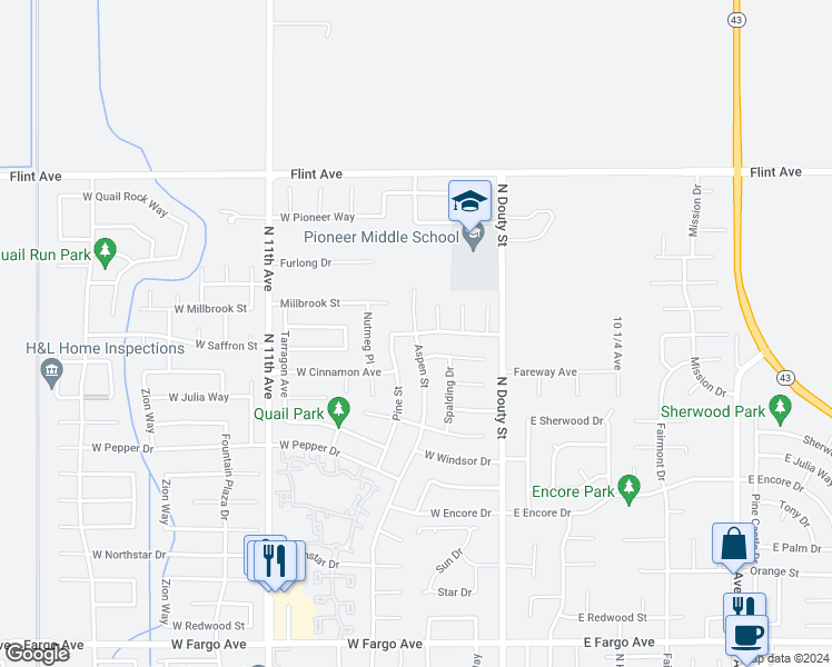 map of restaurants, bars, coffee shops, grocery stores, and more near Aspen Street & White Oak Drive in Hanford