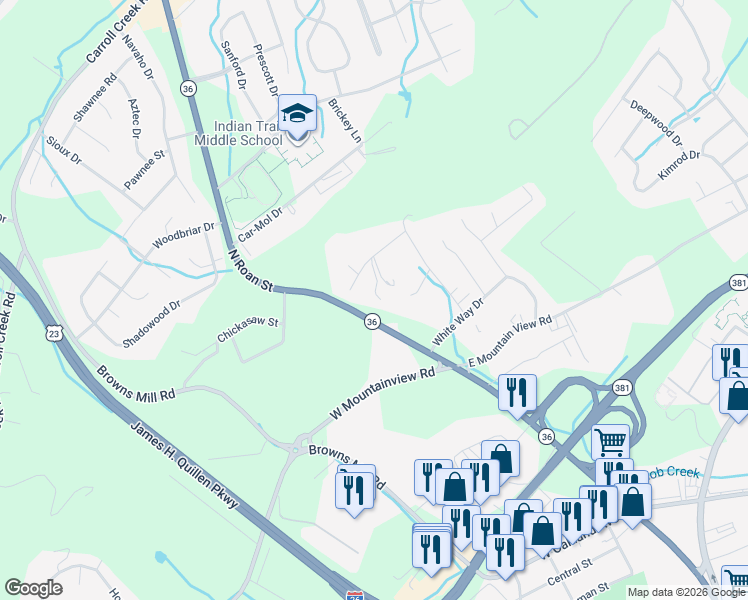map of restaurants, bars, coffee shops, grocery stores, and more near 3614 North Roan Street in Johnson City