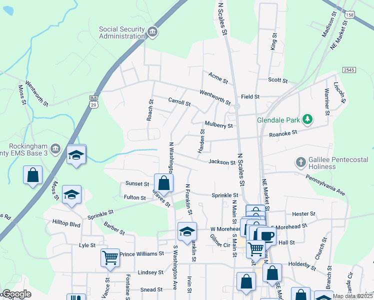 map of restaurants, bars, coffee shops, grocery stores, and more near 344 Jackson Street in Reidsville