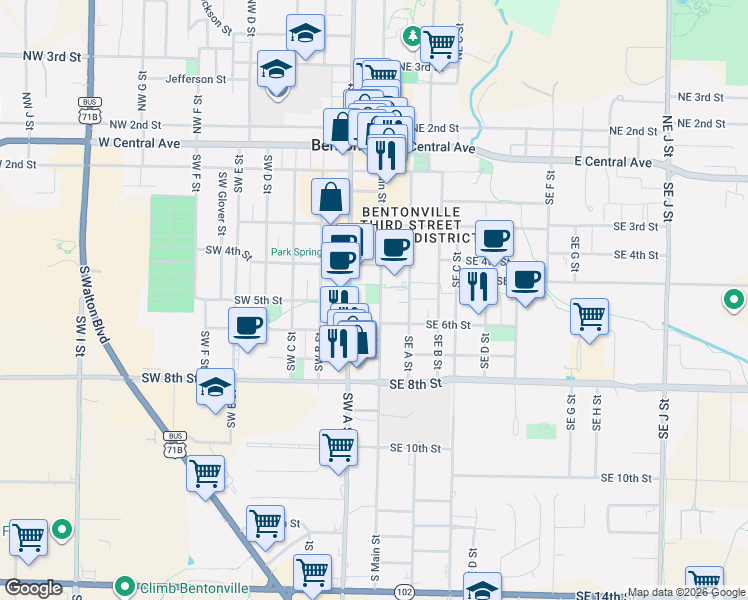 map of restaurants, bars, coffee shops, grocery stores, and more near 414 South Main Street in Bentonville