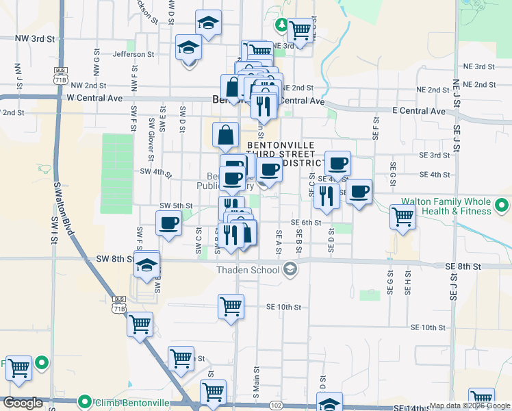 map of restaurants, bars, coffee shops, grocery stores, and more near 414 South Main Street in Bentonville