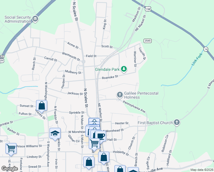 map of restaurants, bars, coffee shops, grocery stores, and more near 205 Roanoke Street in Reidsville