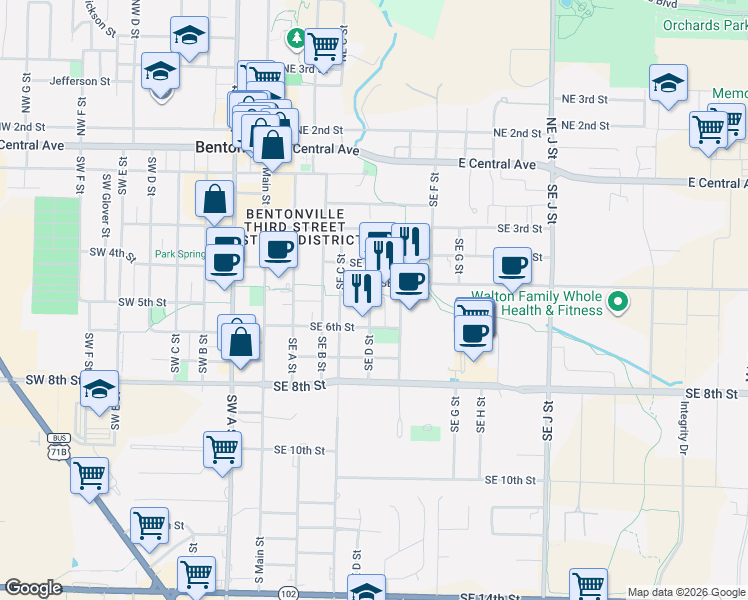 map of restaurants, bars, coffee shops, grocery stores, and more near 412 Southeast D Street in Bentonville