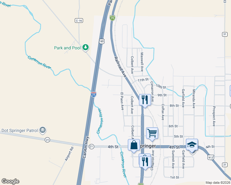 map of restaurants, bars, coffee shops, grocery stores, and more near 305 9th Street in Springer