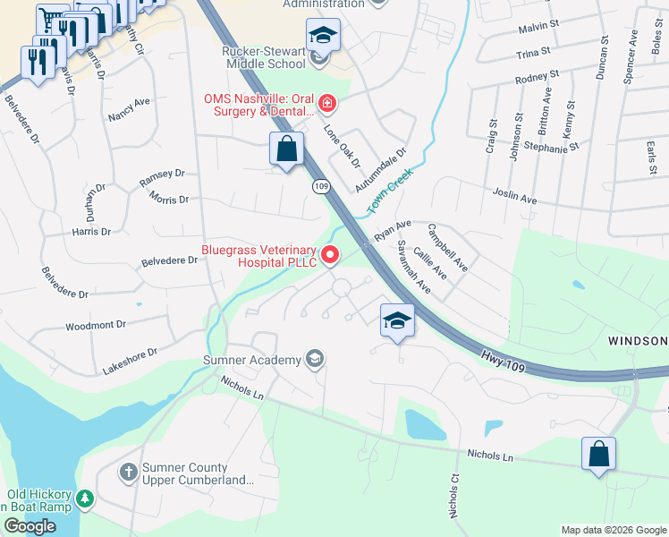 map of restaurants, bars, coffee shops, grocery stores, and more near 390 Devon Chase Hill in Gallatin