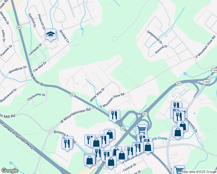 map of restaurants, bars, coffee shops, grocery stores, and more near 3400 Amoyee Drive in Johnson City