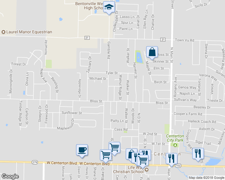 map of restaurants, bars, coffee shops, grocery stores, and more near 661 Frances Drive in Centerton
