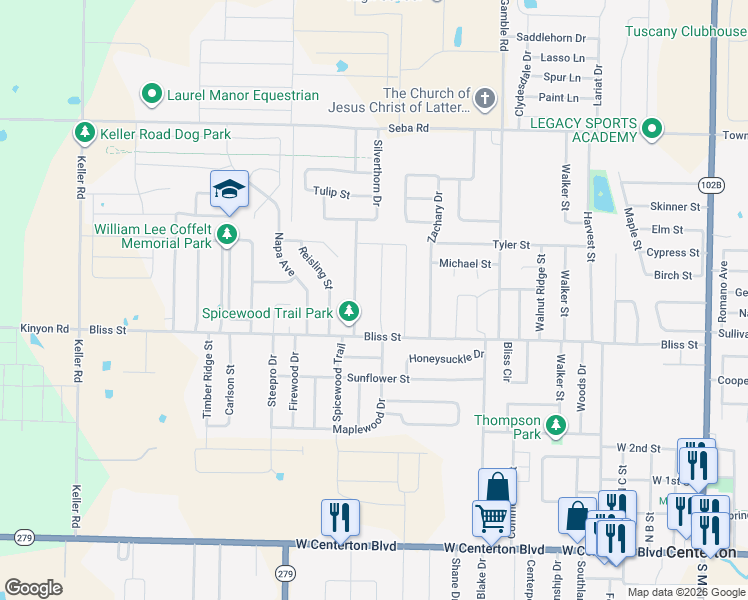 map of restaurants, bars, coffee shops, grocery stores, and more near 731 Maplewood Drive in Centerton