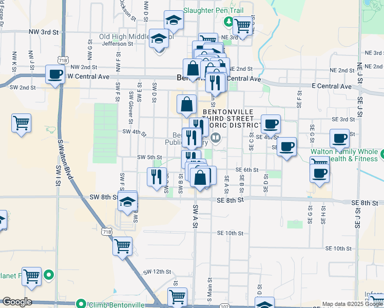 map of restaurants, bars, coffee shops, grocery stores, and more near 410 Southwest A Street in Bentonville