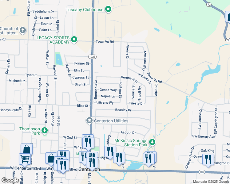 map of restaurants, bars, coffee shops, grocery stores, and more near 250 Genoa Way in Centerton